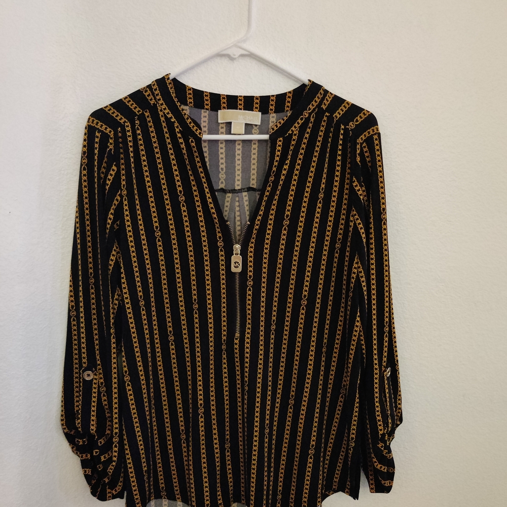 Michael Kors Black and Gold Chain Pattern Blouse